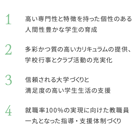 1.高い専門性と特徴を持った個性のある人間性豊かな学生の育成　2.多彩かつ質の高いカリキュラムの提供、学校行事とクラブ活動の充実化　3.信頼される大学づくりと満足度の高い学生生活の支援 4.就職率100％の実現に向けた教職員一丸となった指導・支援体制づくり